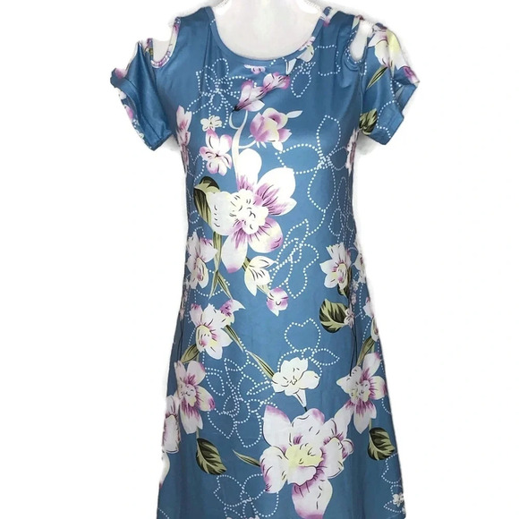 Blue Flower Dress size small/medium cold shoulder. - Picture 1 of 6